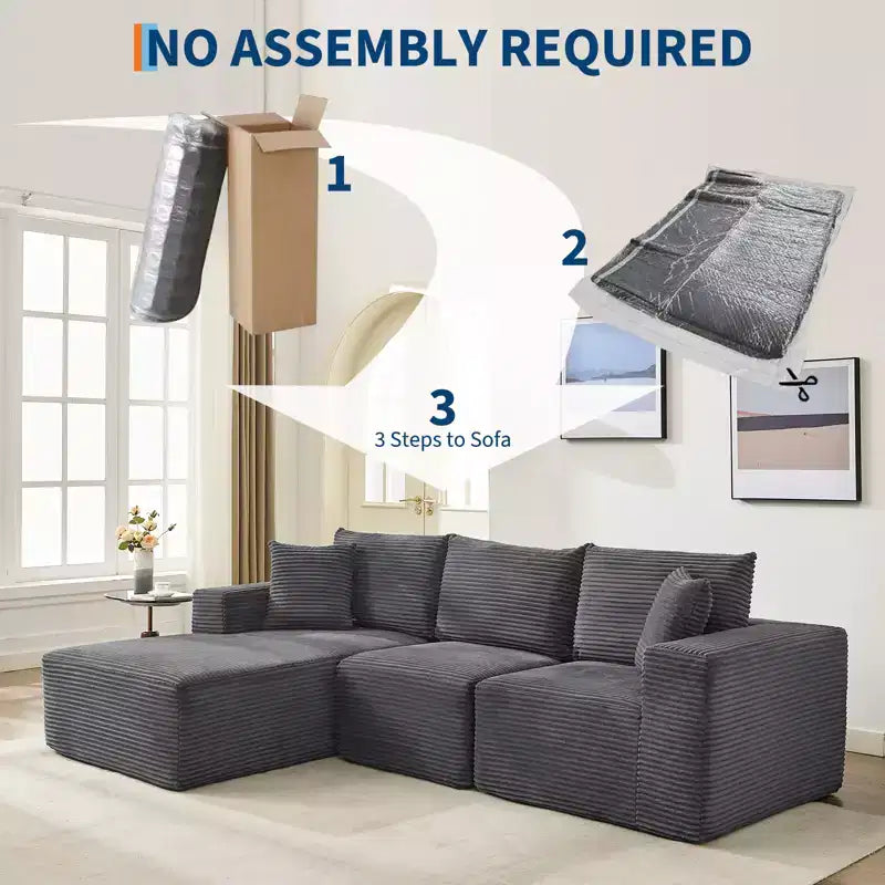 Canapé moderne 108, 3 places en L rembourré avec oreillers, assise profonde, aucun montage requis