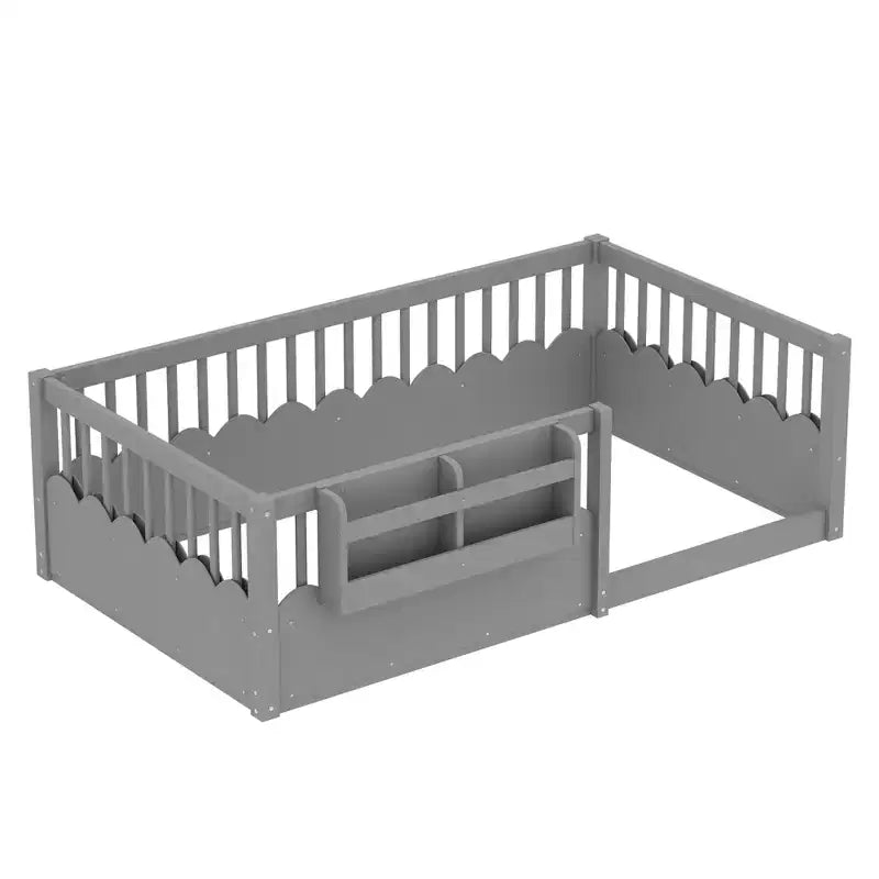 Lit au sol pour enfant Bellemave avec barrières surélevées et bibliothèque, cadre de lit Montessori en bois pour lit simple, pour filles et garçons