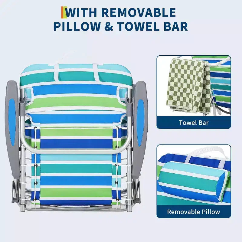 Acekool 2er-Pack leichte Strandstühle im Rucksackdesign, 5-fach verstellbare, flach klappbare Stühle für Erwachsene mit Gurten, Getränkehalter und Handtuchstange, belastbar bis 300 lbs