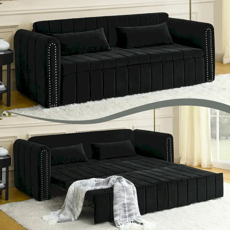 Nowoczesna rozkładana sofa z funkcją spania, tapicerowana aksamitem, z zaokrąglonymi podłokietnikami ozdobionymi miedzianymi ćwiekami