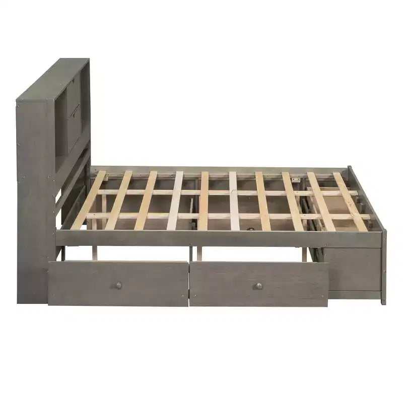 Cama de casal com estrado, prateleira de arrumação e 8 gavetas, fácil de montar