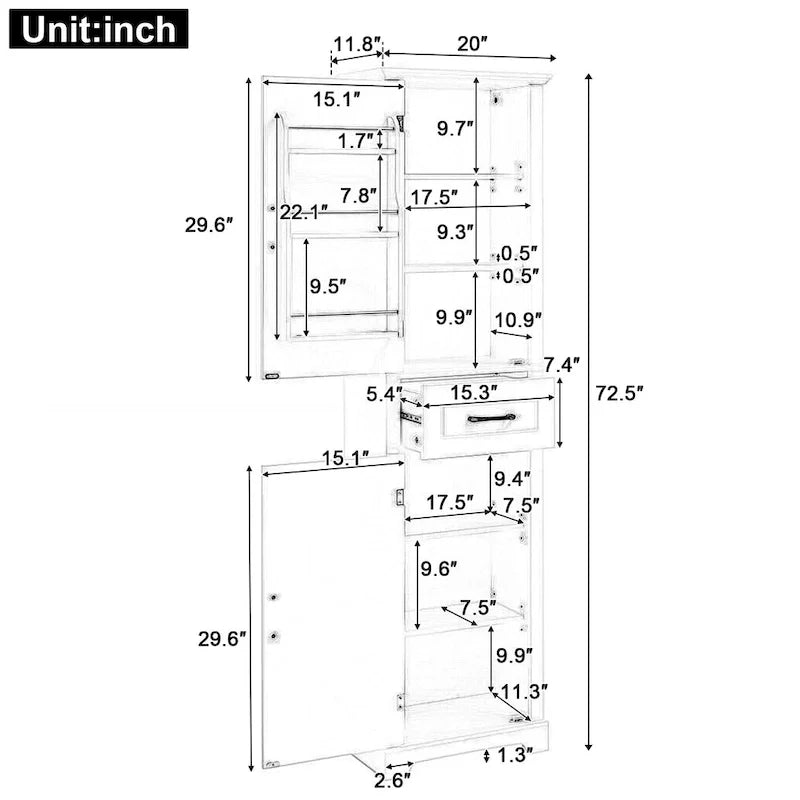 Armoire de salle de bains autoportante à 2 portes, étagères réglables et rangement dans les portes, rangement haut pour salle de bains