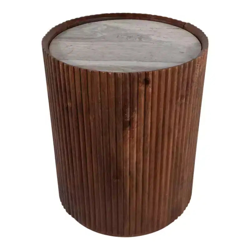 Tavolino laterale decorativo in legno scanalato con piano in marmo e vano contenitore - Piccolo tavolino decorativo per camera da letto o soggiorno