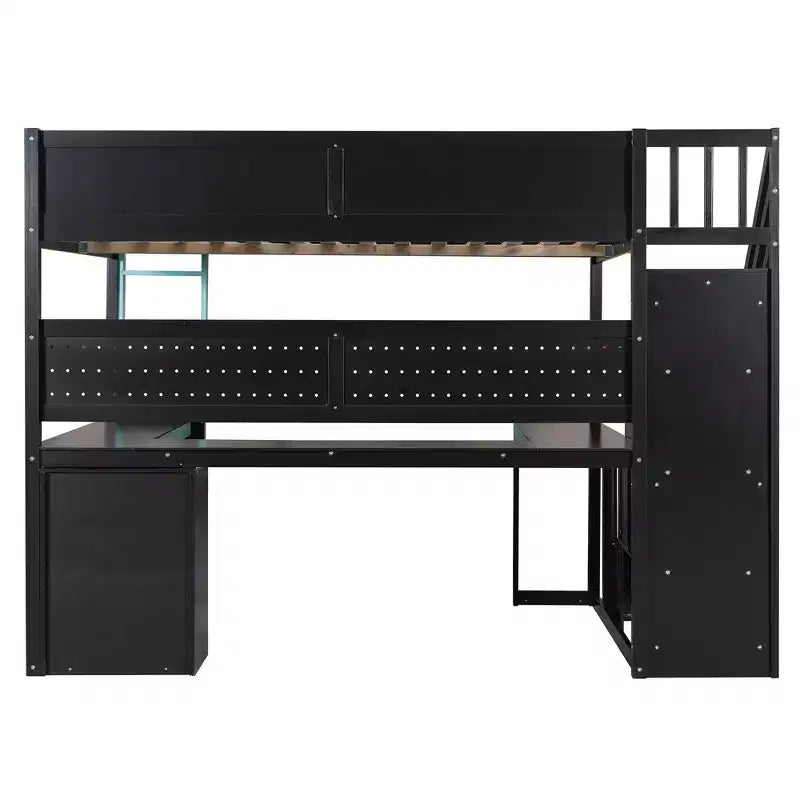 Lit mezzanine de jeu en bois Scott de GDFStudio, avec escalier de rangement, bureau, étagères et panneau perforé