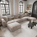 Großes modulares U-förmiges Ecksofa aus Cord mit 4 Sitzplätzen, 2 Hockern und 5 Kissen