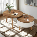 Moderne ronde houten salontafel in zwart-wit met opbergruimte