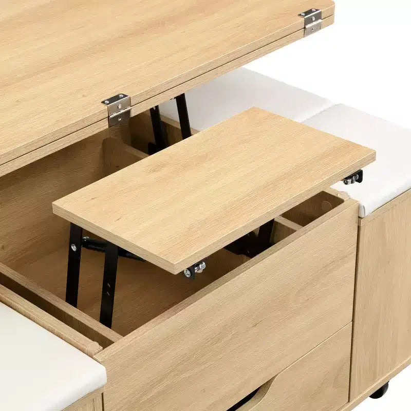 Table basse moderne multifonctionnelle à plateau relevable avec rangement caché, 4 tabourets et roulettes, idéale pour les espaces de vie modernes