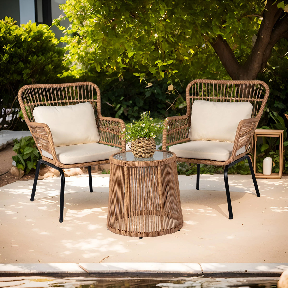 3-delige bistroset van tuinmeubelen van riet, weerbestendige rotanset met tuinstoelen en kussens