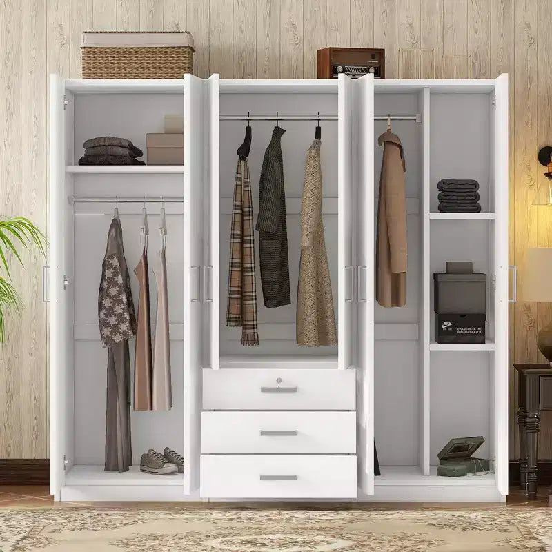Guarda-roupa de madeira com 6 portas e gavetas para quarto
