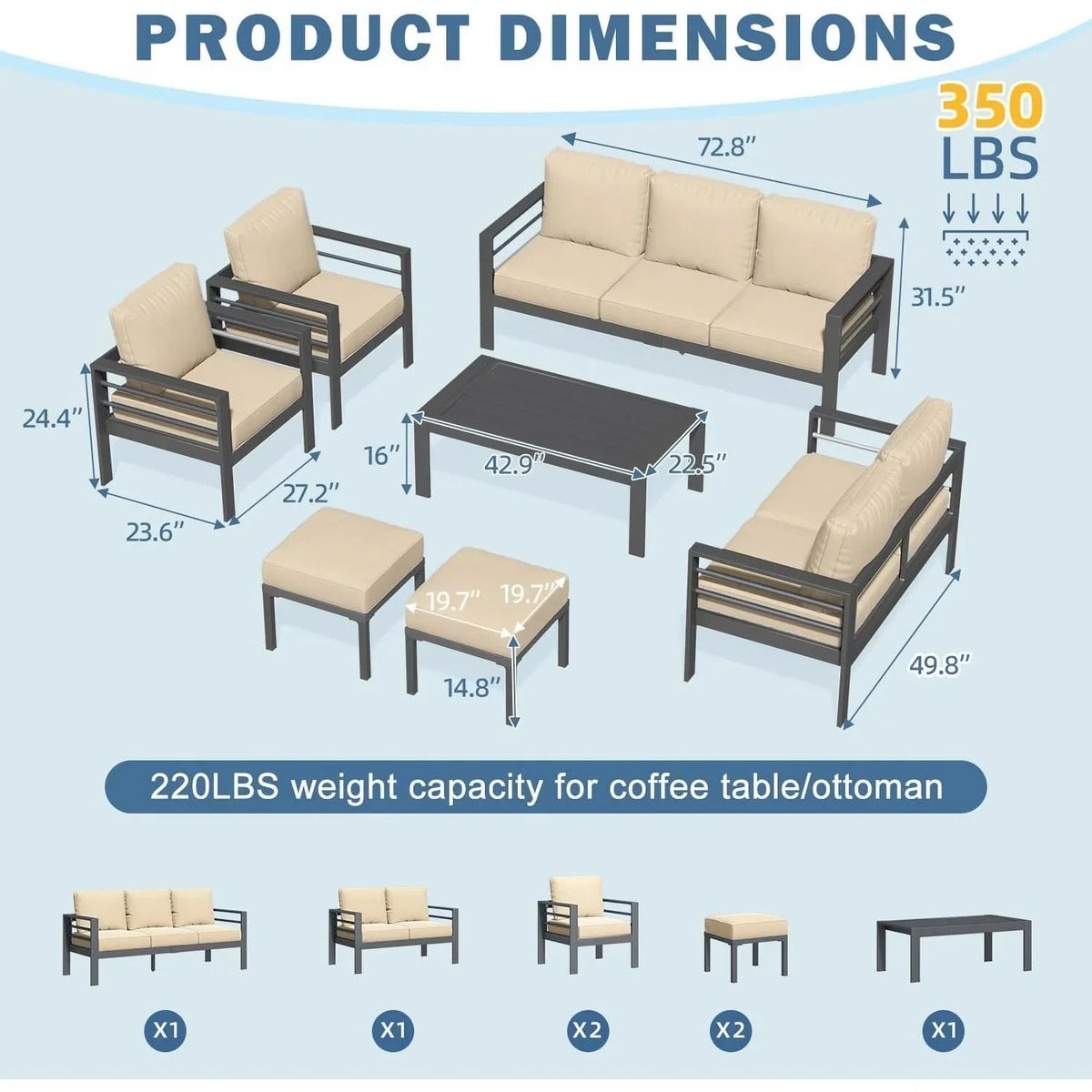 AECOJOY 7-teiliges Gartenmöbelset aus Aluminium für draußen