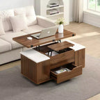 Table basse moderne multifonctionnelle à plateau relevable avec rangement caché, 4 tabourets et roulettes, idéale pour les espaces de vie modernes