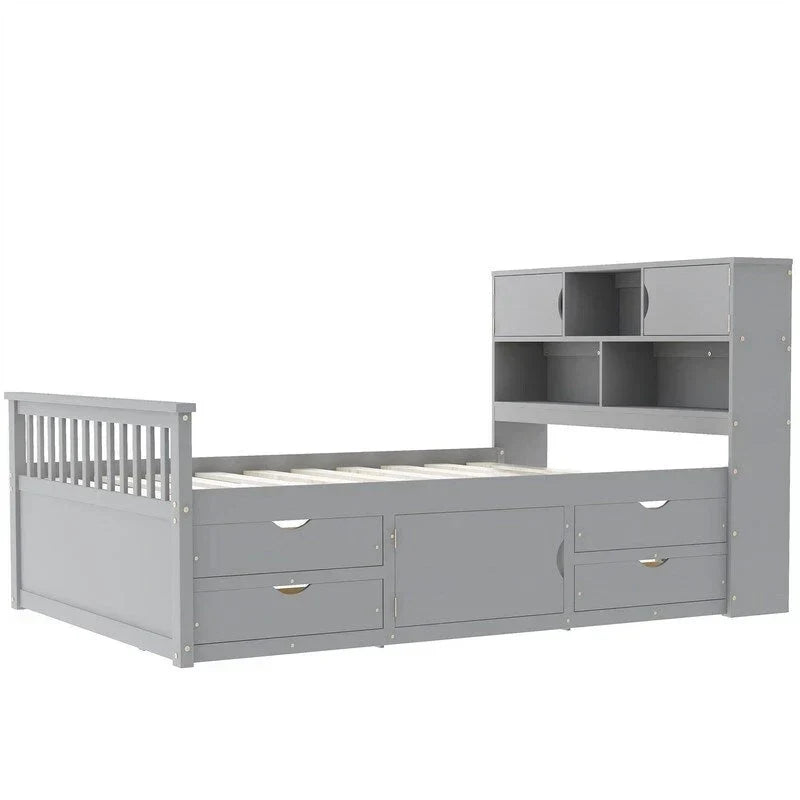 Lit plateforme capitaine une place/deux places avec 4 tiroirs et étagères de rangement, cadre en bois massif avec tête de lit bibliothèque et rangements