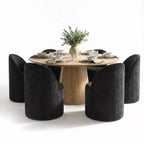 Conjunto de jantar moderno para 6 pessoas, mesa redonda com pé central, cadeiras giratórias tipo barril com rodas, chenille texturizado - Panipeachy
