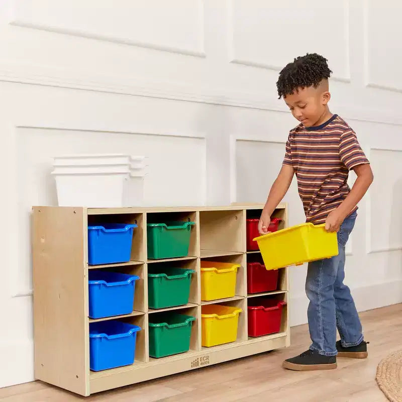 Mobiler Fächerschrank mit Tablettfächern und 15 Behältern mit Schaufelfront, 3x4, Kindermöbel