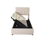 Bellemave eenpersoons opbergbed met liftmechanisme, gestoffeerd platformbed met hydraulisch opbergsysteem, hoofdbord met verticale strepen, beige