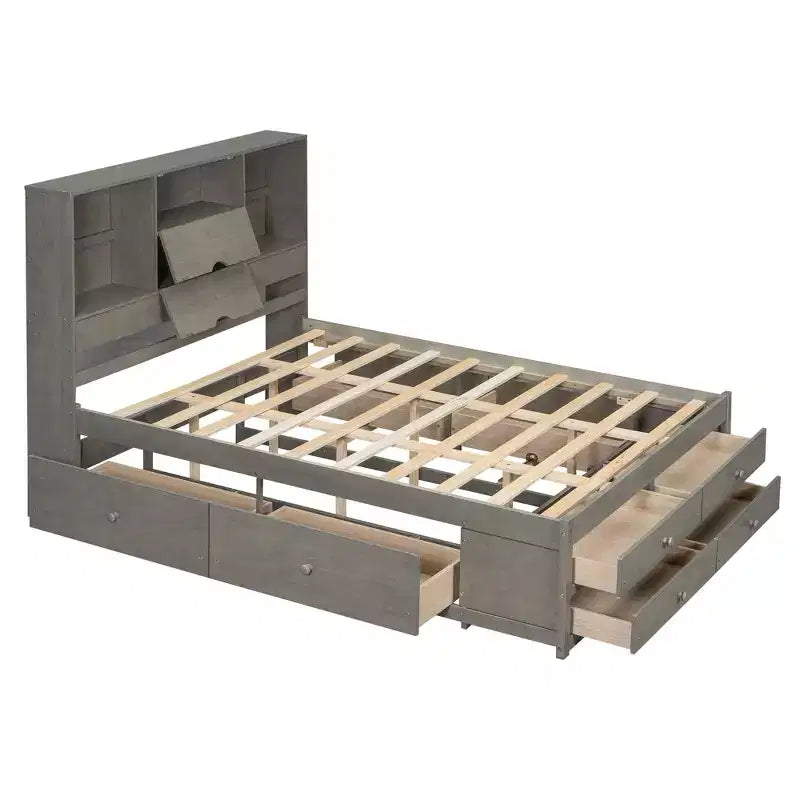 Cama de casal com estrado, prateleira de arrumação e 8 gavetas, fácil de montar