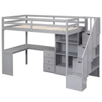 Halfhoogslaper in eenpersoonsmaat met L-vormig bureau, 3 laden, kast, opbergruimte in de trap, frame van massief grenenhout en MDF