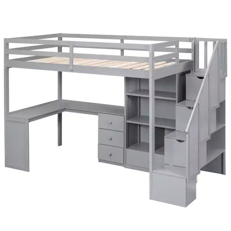 Halfhoogslaper in eenpersoonsmaat met L-vormig bureau, 3 laden, kast, opbergruimte in de trap, frame van massief grenenhout en MDF