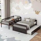 Gymax Etagenbett mit Einzelbett oben und Doppelbett unten, mit ausziehbarem Einzelbett, umbaubare Plattform