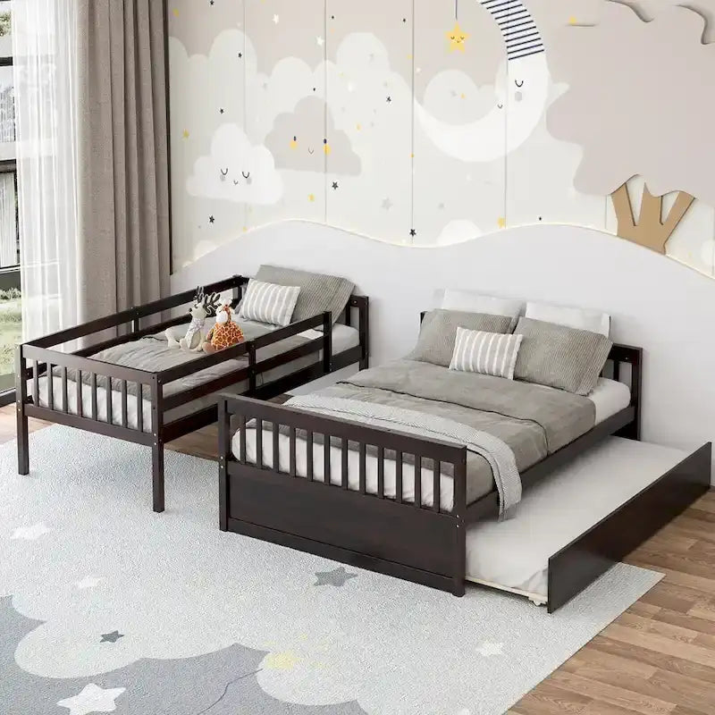 Gymax Etagenbett mit Einzelbett oben und Doppelbett unten, mit ausziehbarem Einzelbett, umbaubare Plattform