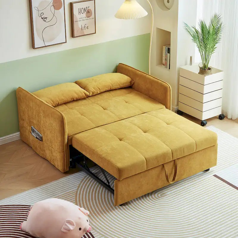 Gelbes Schlafsofa mit Ausziehfunktion aus Chenille - 39.00 x 53.50 x 31.50
