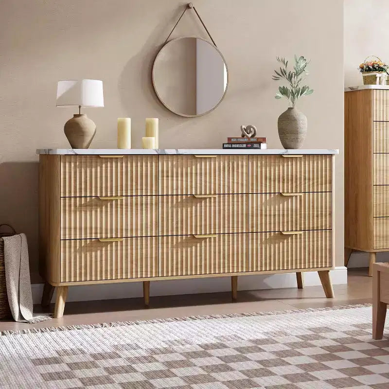 Kommode mit 9 geriffelten Schubladen, moderne Anrichte, TV-Ständer aus Holz, geschwungenes Design, für Wohnzimmer und Flur