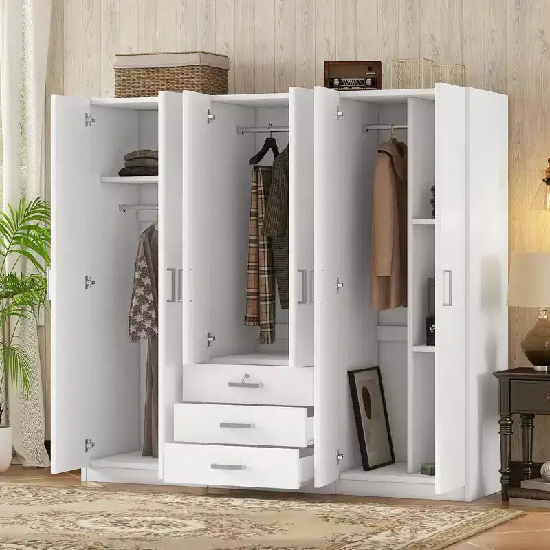 Guarda-roupa de madeira com 6 portas e gavetas para quarto