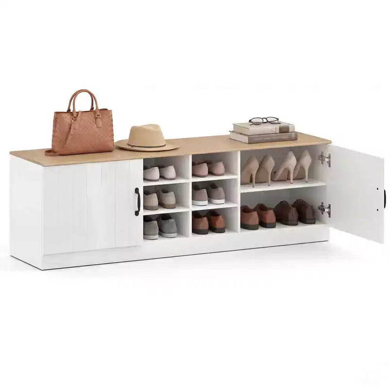 Schuhbank mit 2 Türen, verstellbaren Ablagen und verborgenem Stauraum, Natur + Weiß/Weiß