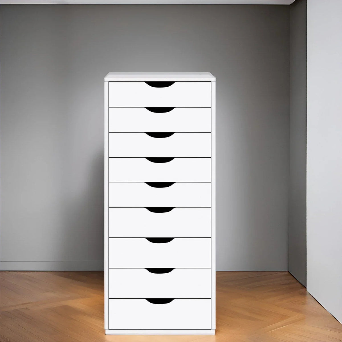 Schmaler Holzschrank mit 9 Schubladen, leichtgängigen Schubladen und oberem Ablagefach