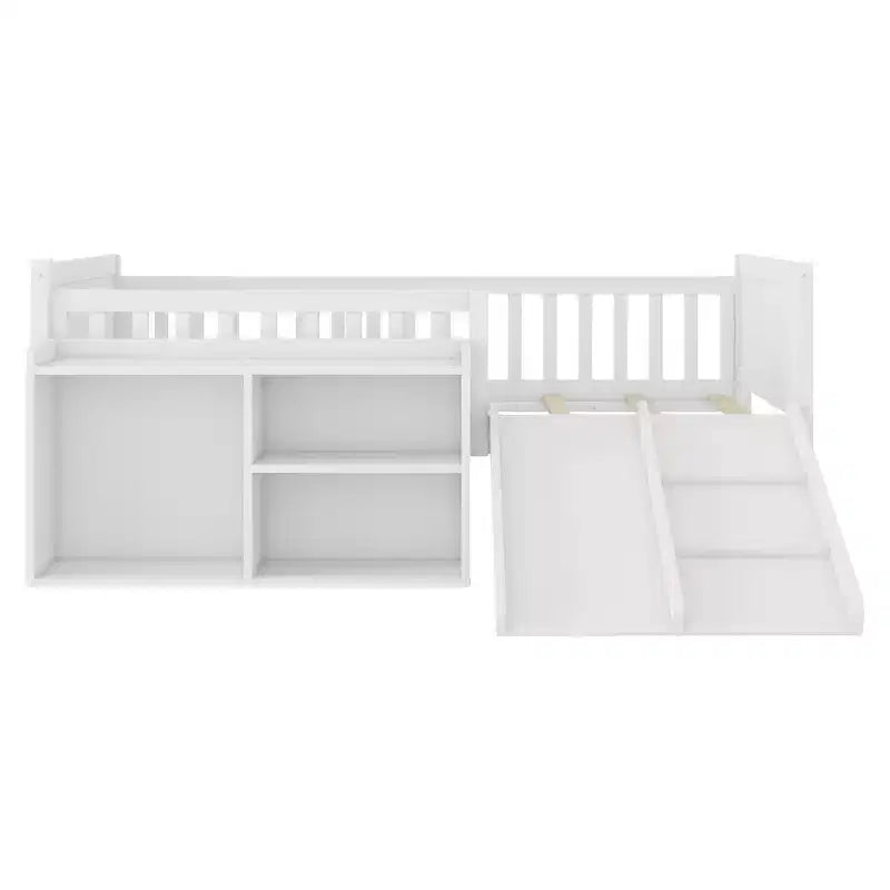 Whisen laag halfhoog bedframe van eenpersoonsformaat voor kinderen, met glijbaan, verplaatsbare boekenplank met opbergruimte en veiligheidsleuningen