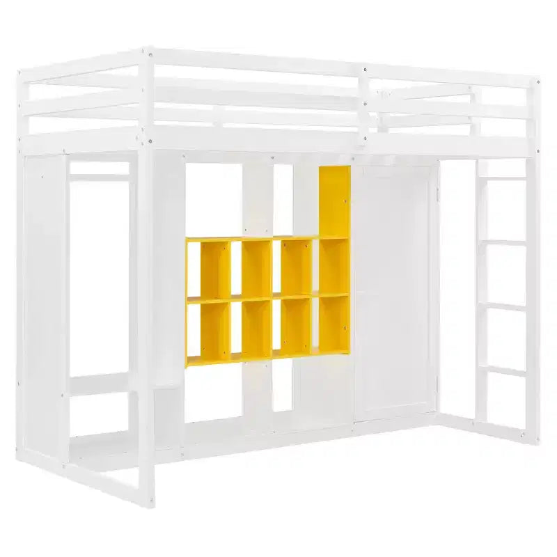 Kinder-Hochbett mit Kleiderschrank und Regalen, Holz-Hochbettrahmen mit Stauraumschrank für Kinder und Jugendliche
