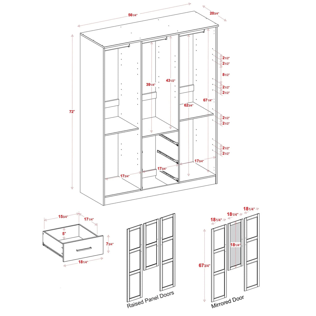 Palace Imports Cosmo Kleiderschrank mit 3 Türen aus 100 % Massivholz und Türen aus Massivholz oder mit Spiegel