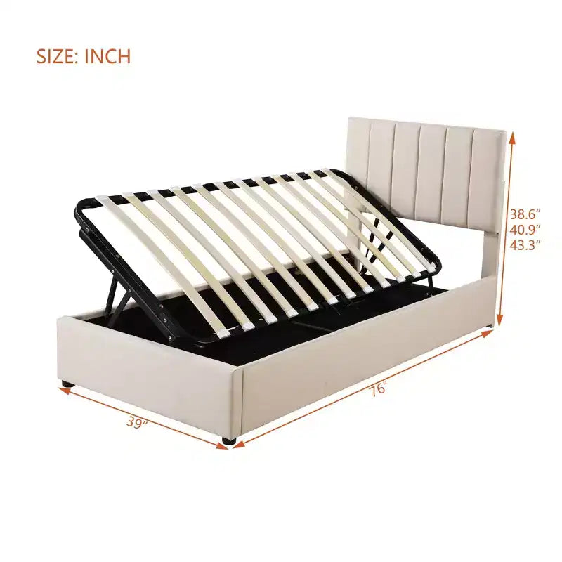 Bellemave eenpersoons opbergbed met liftmechanisme, gestoffeerd platformbed met hydraulisch opbergsysteem, hoofdbord met verticale strepen, beige