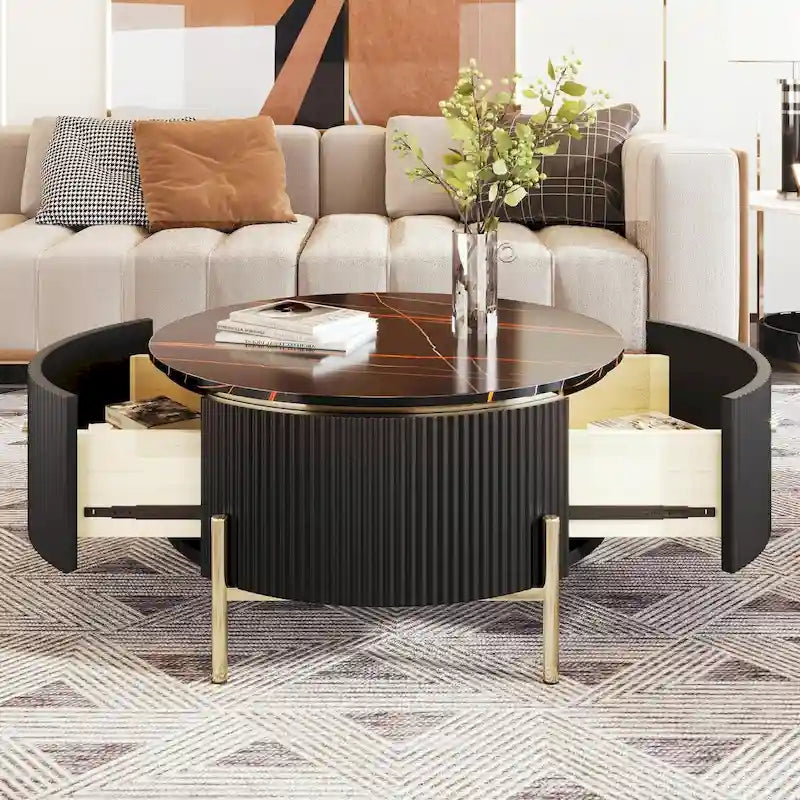 Moderne ronde salontafel van 31.5 met grote opberglade
