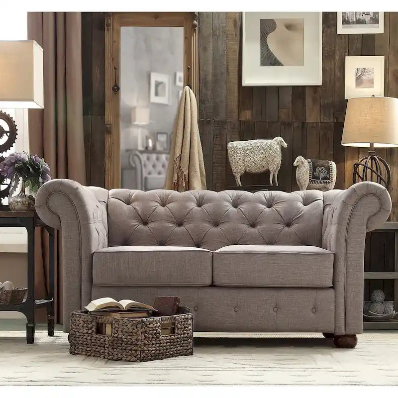 Grey Linen Tufted Loveseat, 2-Seat