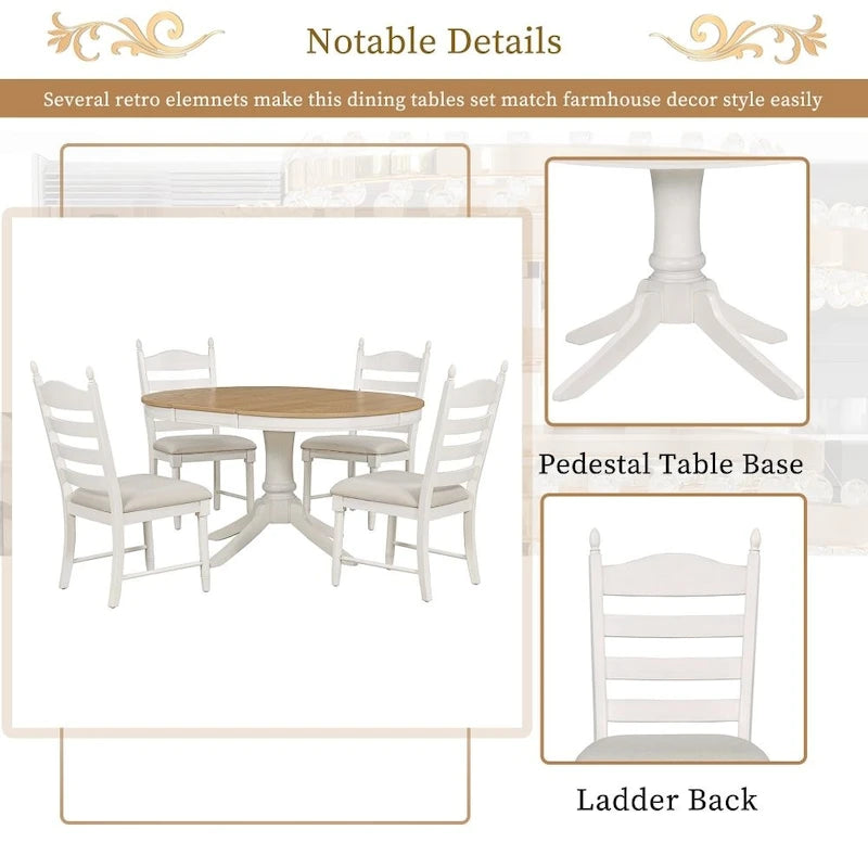 5-Piece Retro Functional Dining Table Set Wood Round Extendable Dining Table and 4 Upholstered Dining Chairs