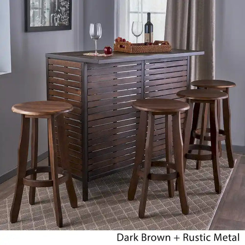 Brown Acacia Wood & Iron 5-Piece Bar Set, Seats 4