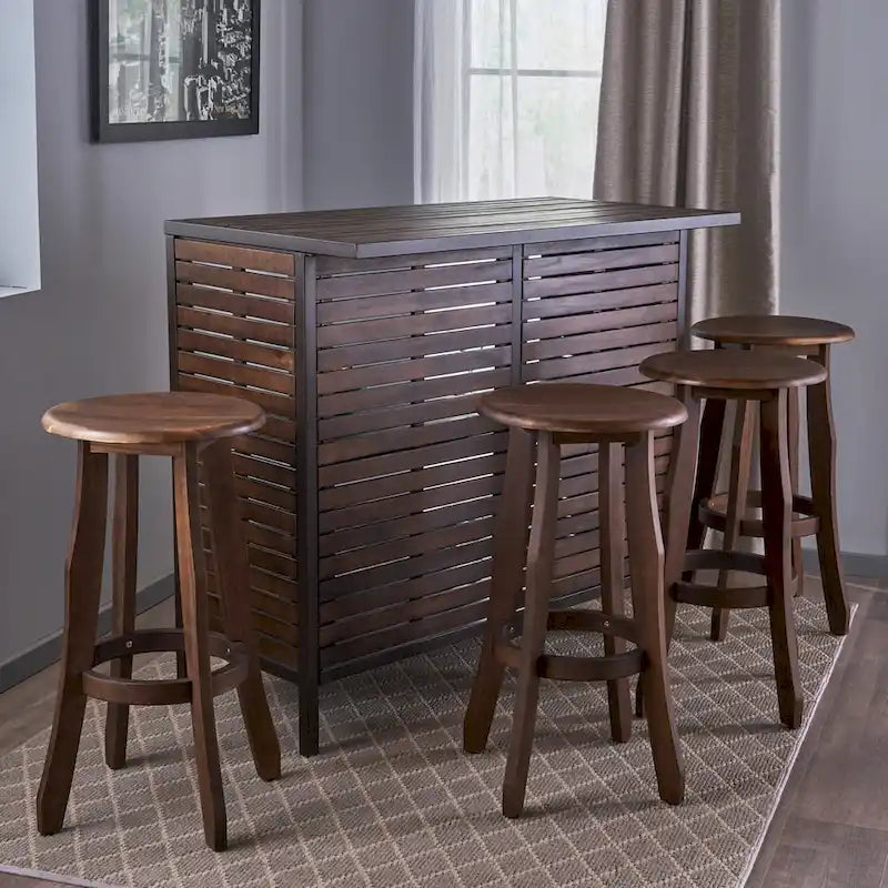 Brown Acacia Wood & Iron 5-Piece Bar Set, Seats 4