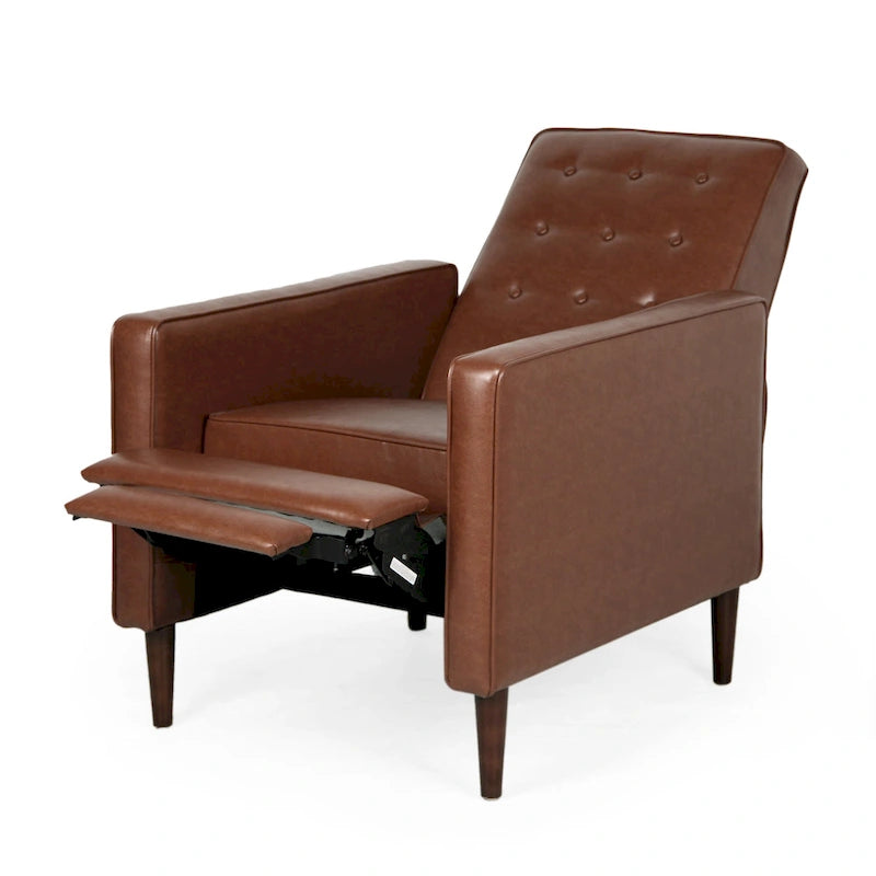 Cognac Brown Faux Leather Mid-Century Recliner, Single