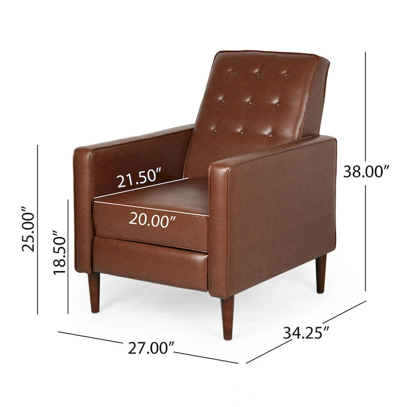 Cognac Brown Faux Leather Mid-Century Recliner, Single