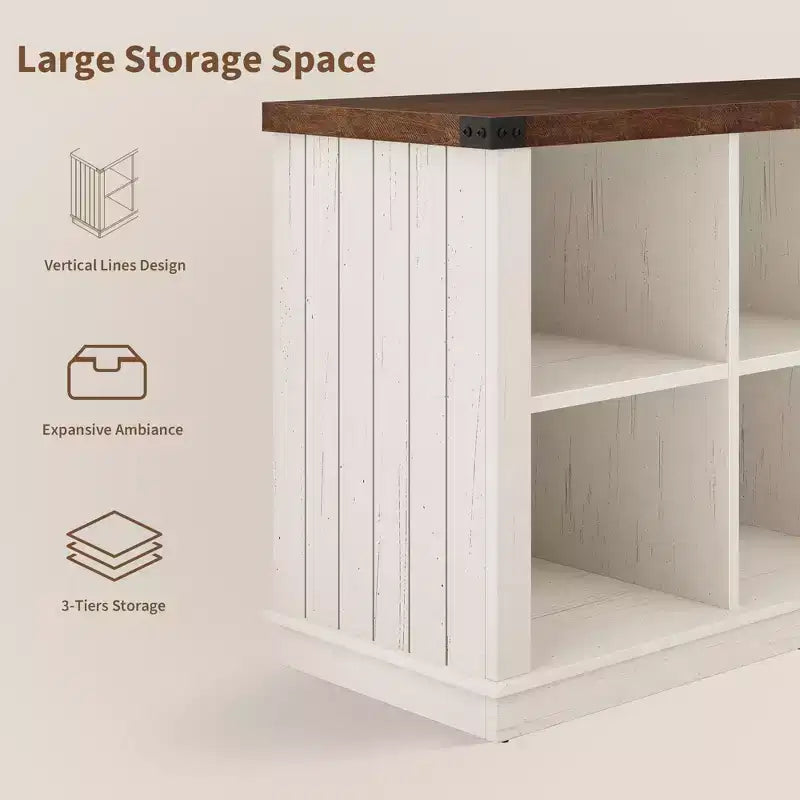 Bücherregal mit 8 Fächern, im Landhausstil, waagerecht, 62 Inch, aus Holz, für den Eingangsbereich, langes, niedriges Bücherregal fürs Wohnzimmer