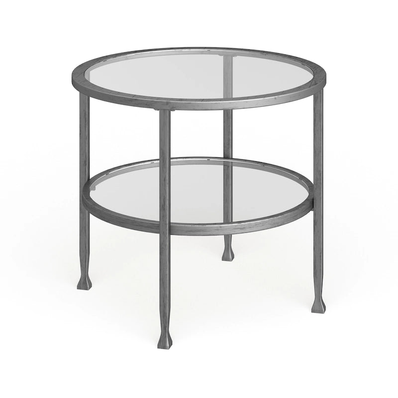 Silver Round Side Table with Shelf, Iron & Glass