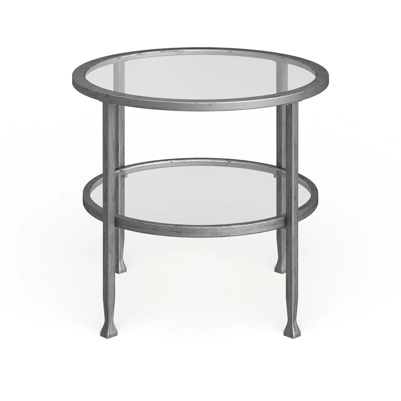 Silver Round Side Table with Shelf, Iron & Glass