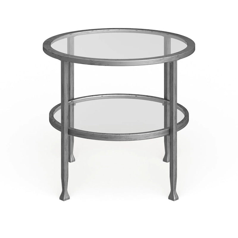 Silver Round Side Table with Shelf, Iron & Glass