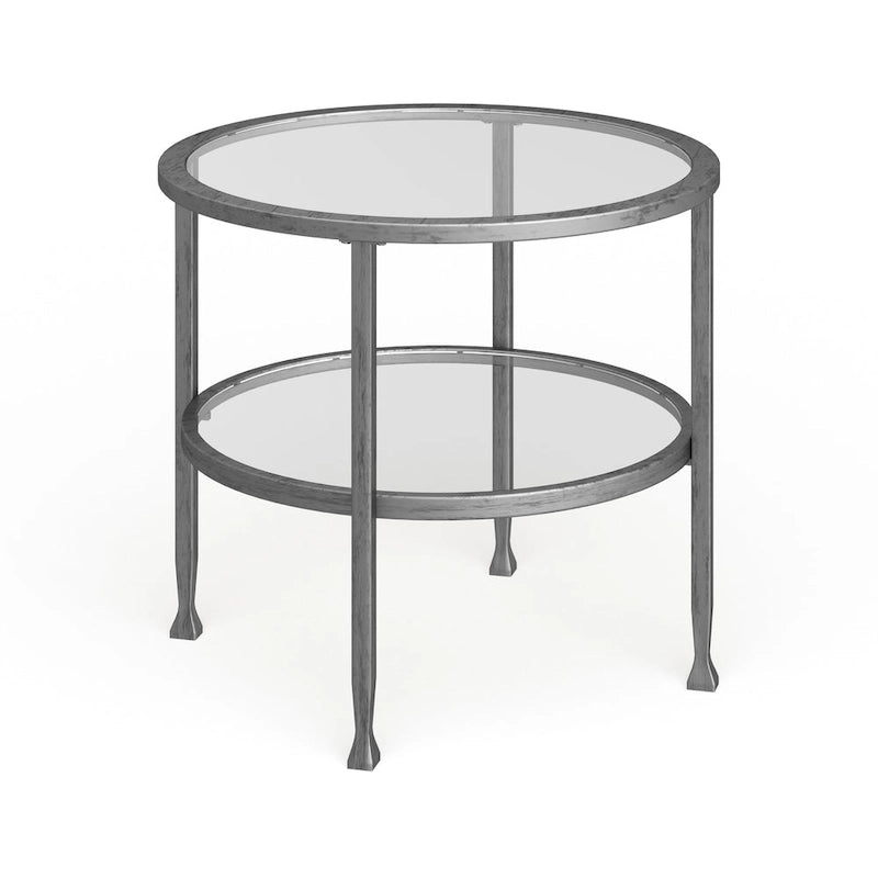 Silver Round Side Table with Shelf, Iron & Glass