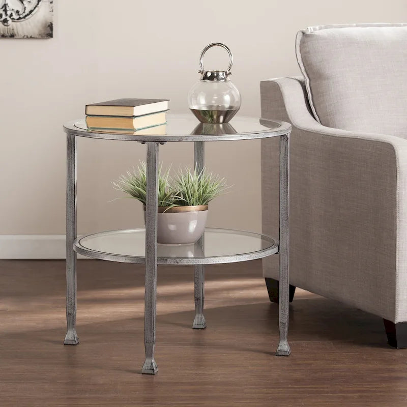 Silver Round Side Table with Shelf, Iron & Glass