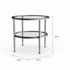 Silver Round Side Table with Shelf, Iron & Glass