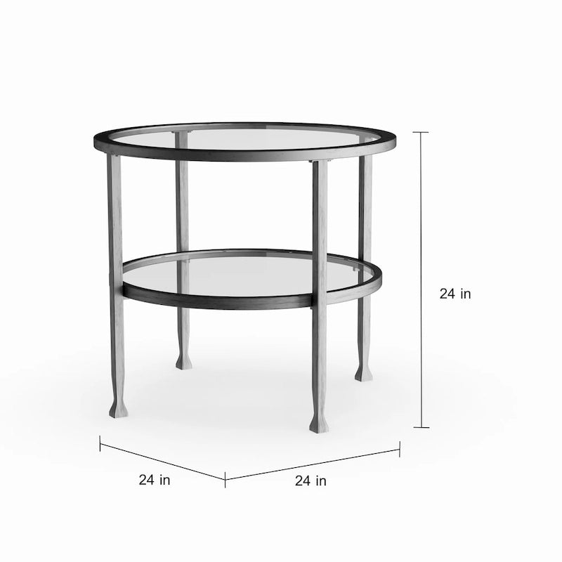Silver Round Side Table with Shelf, Iron & Glass
