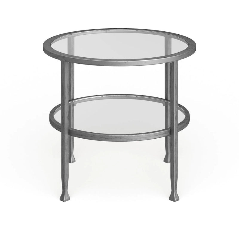 Silver Round Side Table with Shelf, Iron & Glass
