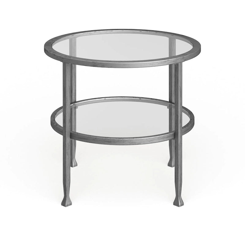 Silver Round Side Table with Shelf, Iron & Glass